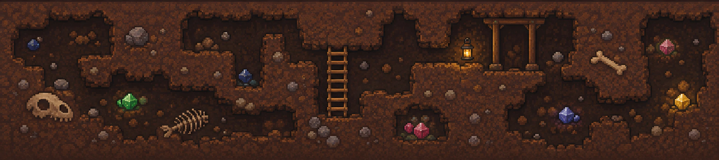 Pixel-art cavern cross-section with gems, lantern and fossils