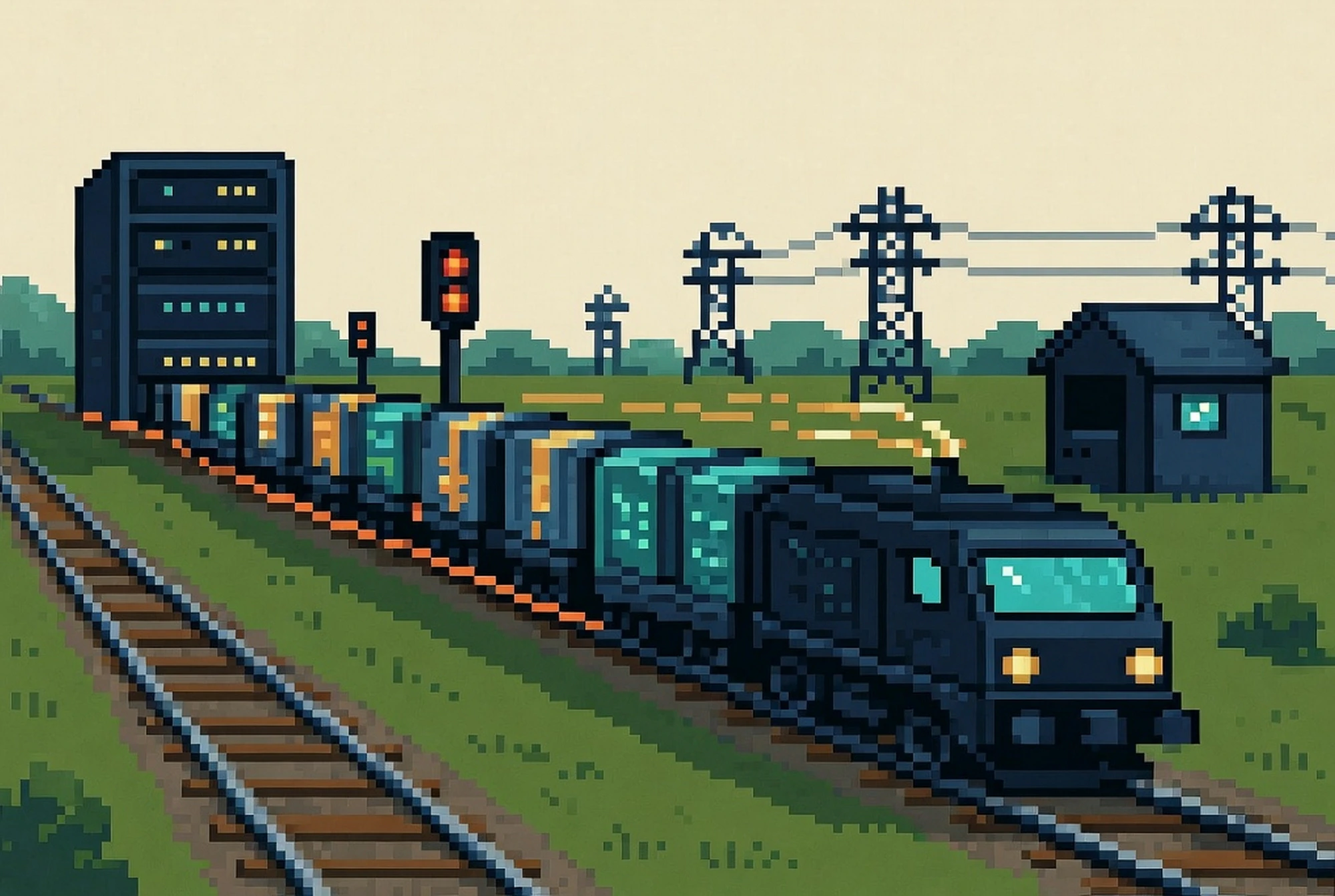 Pixel-art freight train hauling data