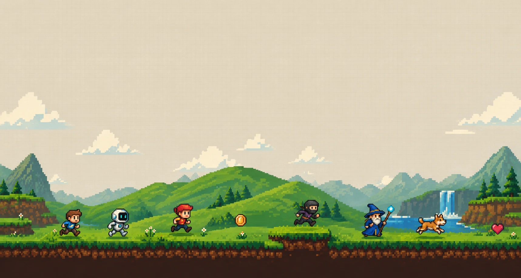 Pixel-art side-scroller landscape with runners crossing the hills