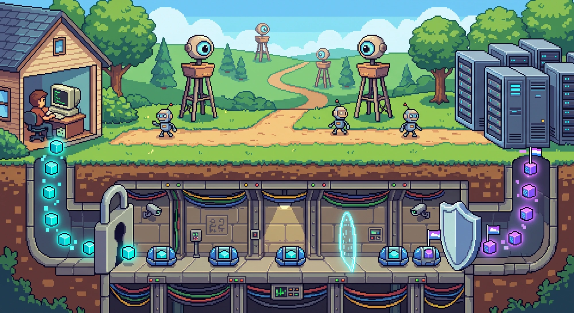 Pixel-art encrypted tunnel with watchtowers