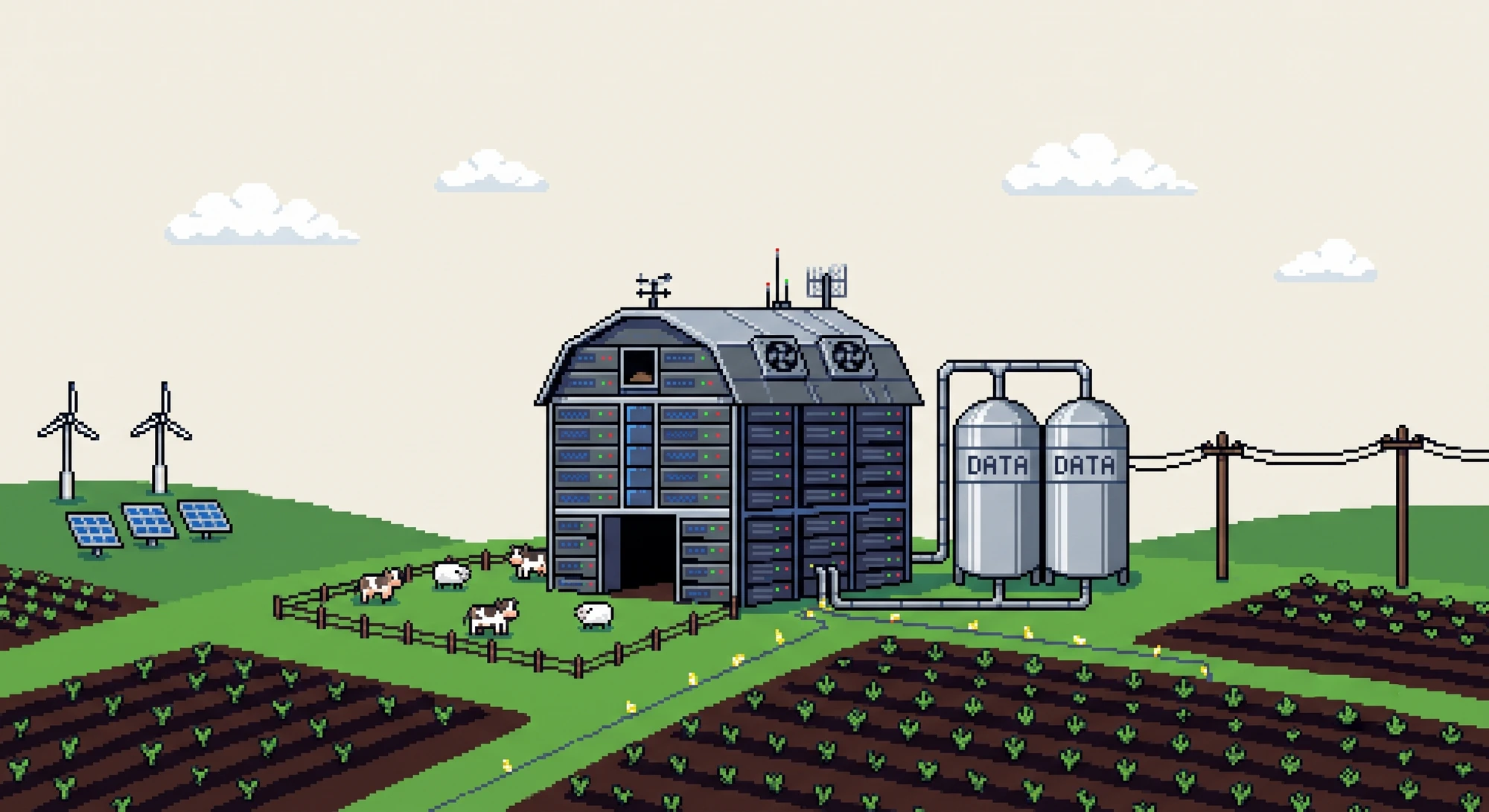 Pixel-art server barn farm
